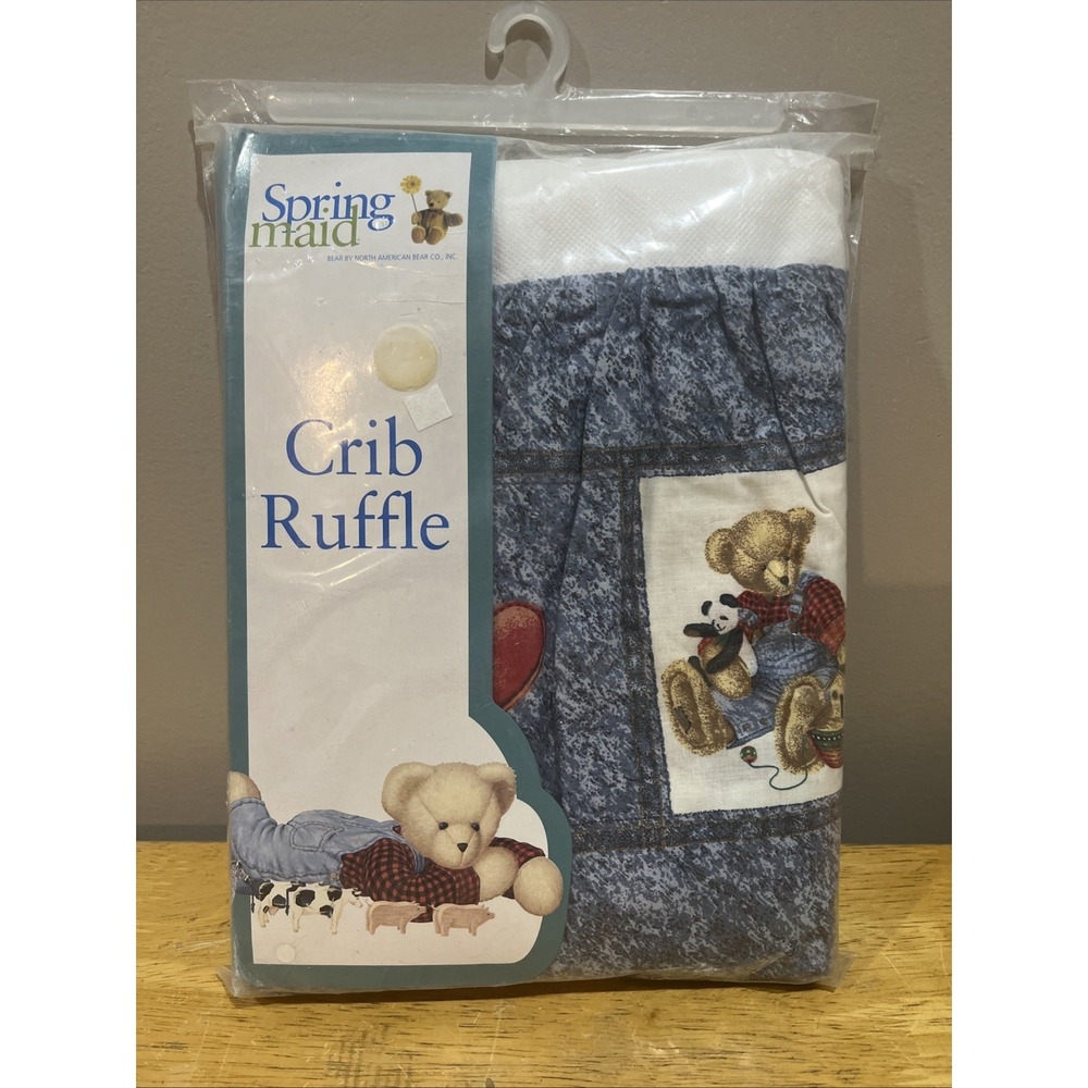 Vintage BLUE JEAN TEDDY Bear Bunny Toys Crib Skirt Dust Ruffle‎ Toddler Baby